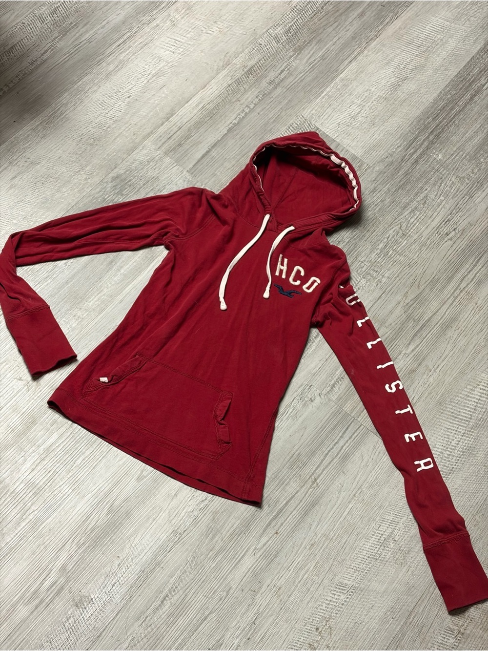 Hollister Maroon Red Logo Hooded Long Sleeve Shirt Vintage size Medium